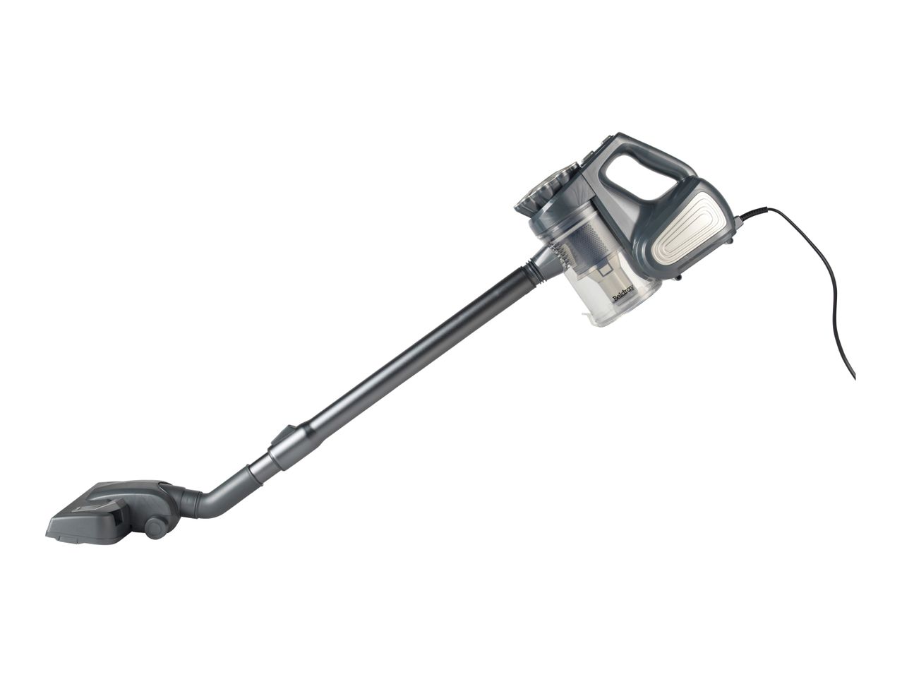 Grey stick vacuum cleaner with a clear dustbin and a floor nozzle.