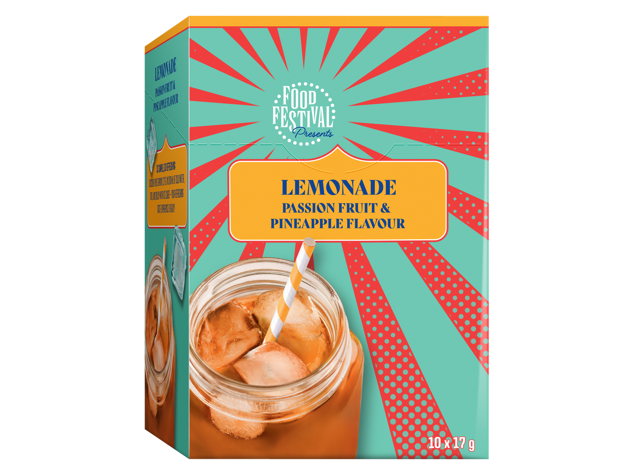 Doos limonade met passievrucht- en ananassmaak, met een glas van de drank.