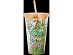 Glitter tumbler with straw, 'Good vibes only' text.