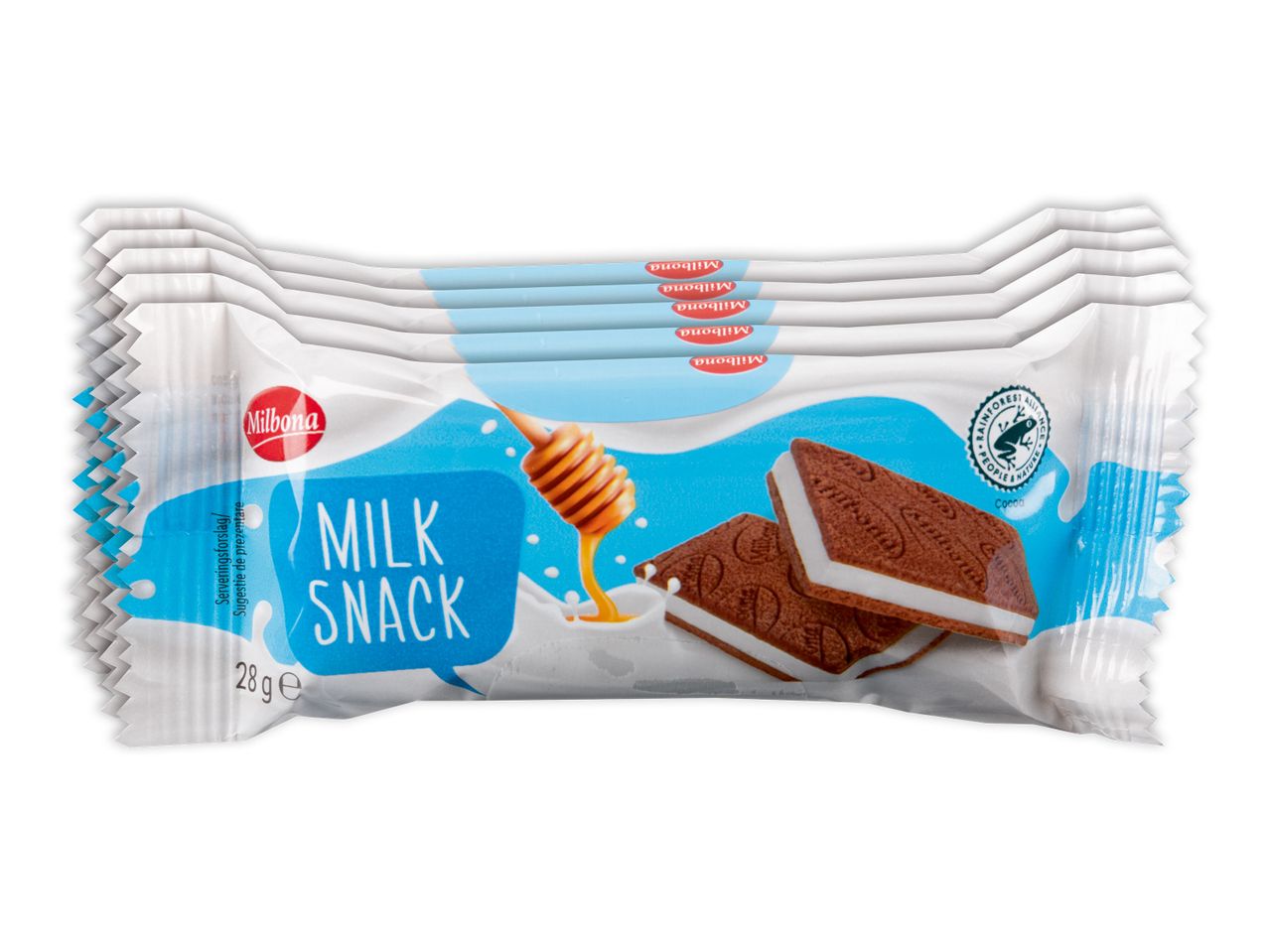 Pachet de gustări cu lapte Milbona, cu biscuiți de cacao și umplutură de lapte, cu o lingură de miere.