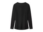 Back view of a plain black long-sleeved shirt with a rounded hem