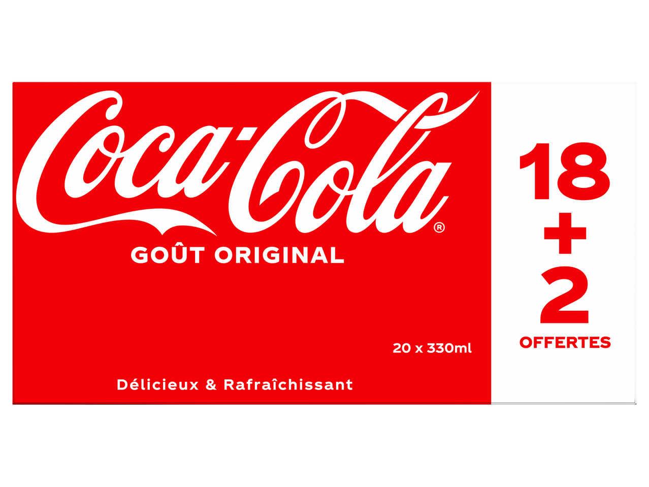 Pack de 20 canettes de boisson gazeuse au goût original, avec 2 offertes.