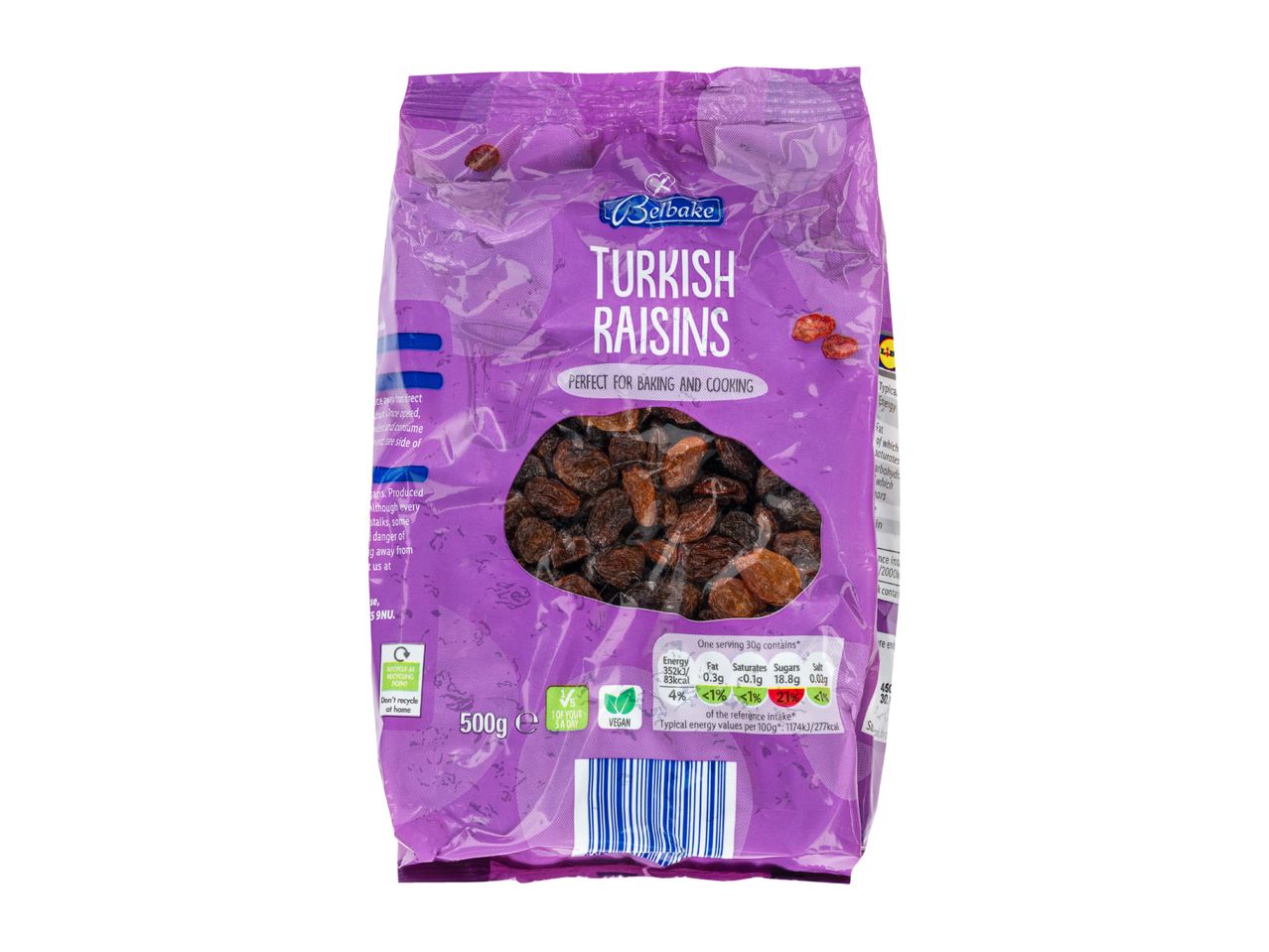 A 500g bag of Turkish raisins, perfect for baking and cooking.