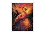 Diamond painting kit featuring a pink flamingo in a vibrant sunset over water.