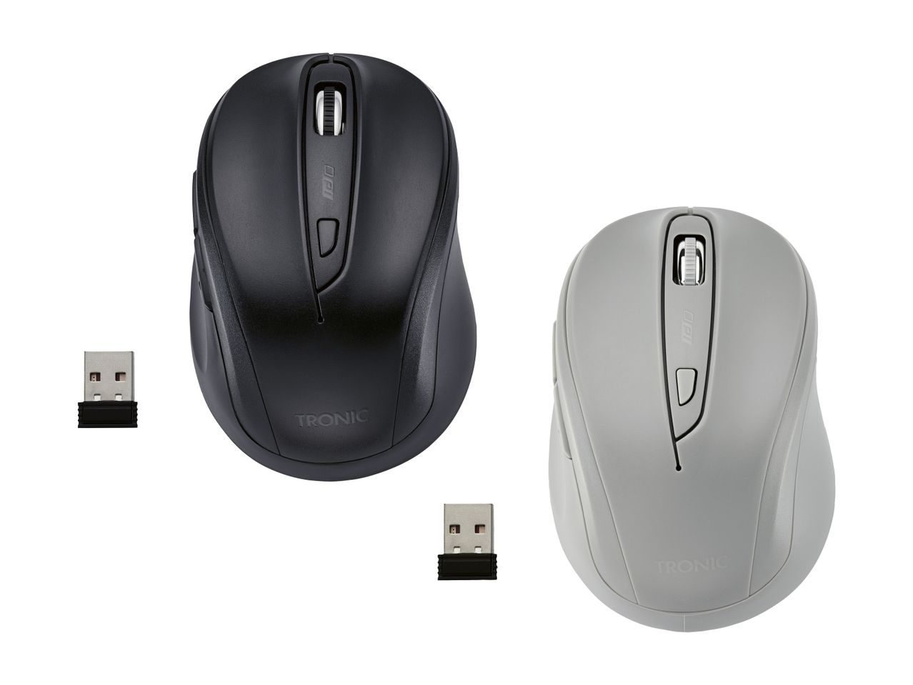 Zwei drahtlose TRONIC-Mäuse in Schwarz und Grau mit ihren USB-Empfängern.
