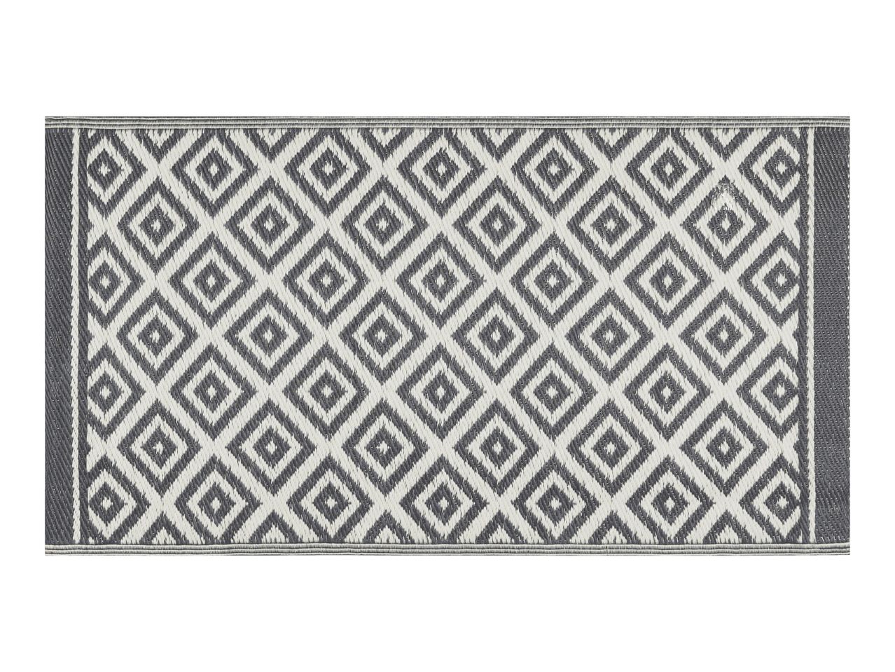 Grey and white geometric diamond pattern outdoor rug