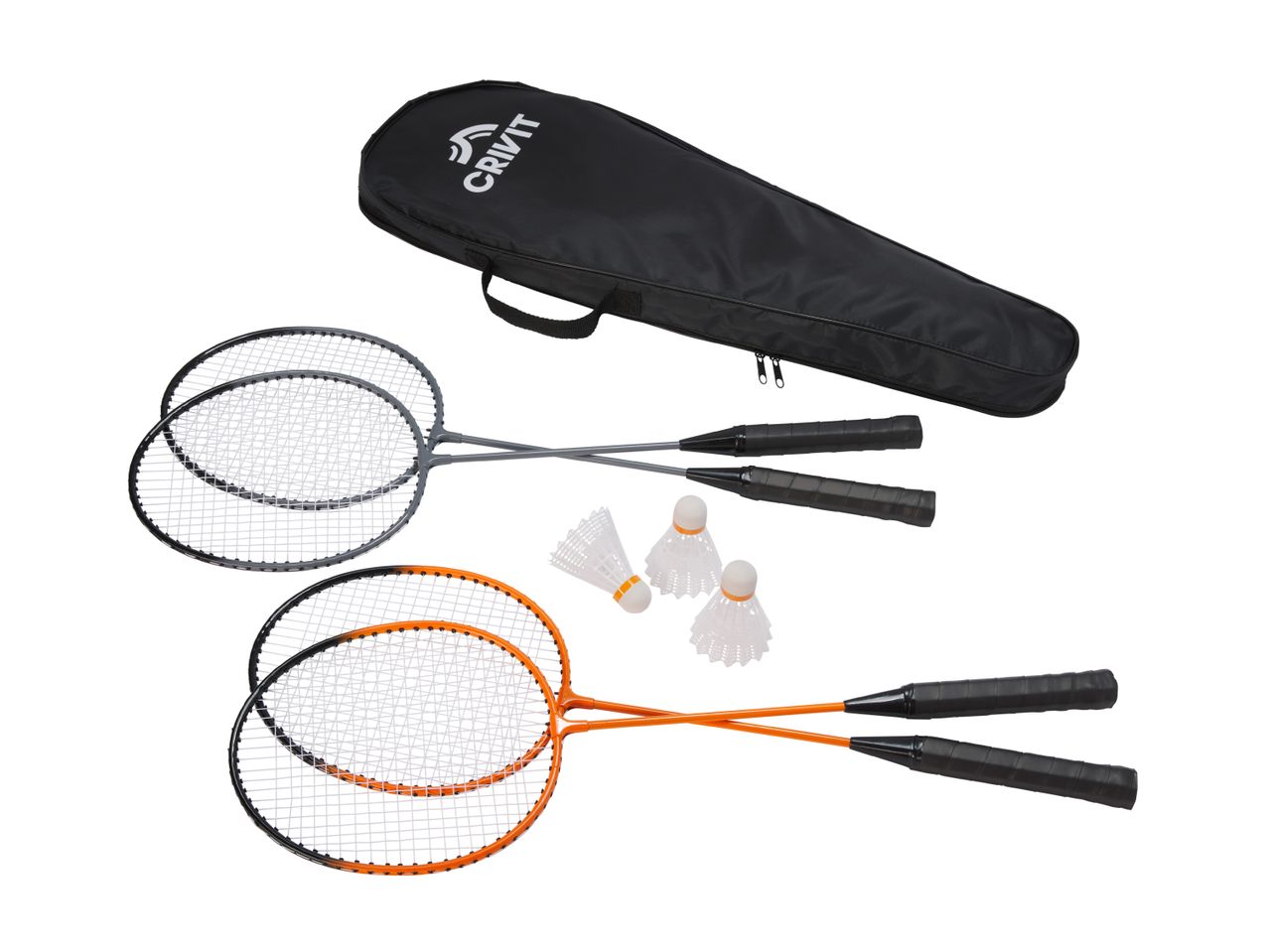 Badminton set with two grey rackets, two orange rackets, three shuttlecocks, and a black carry bag.