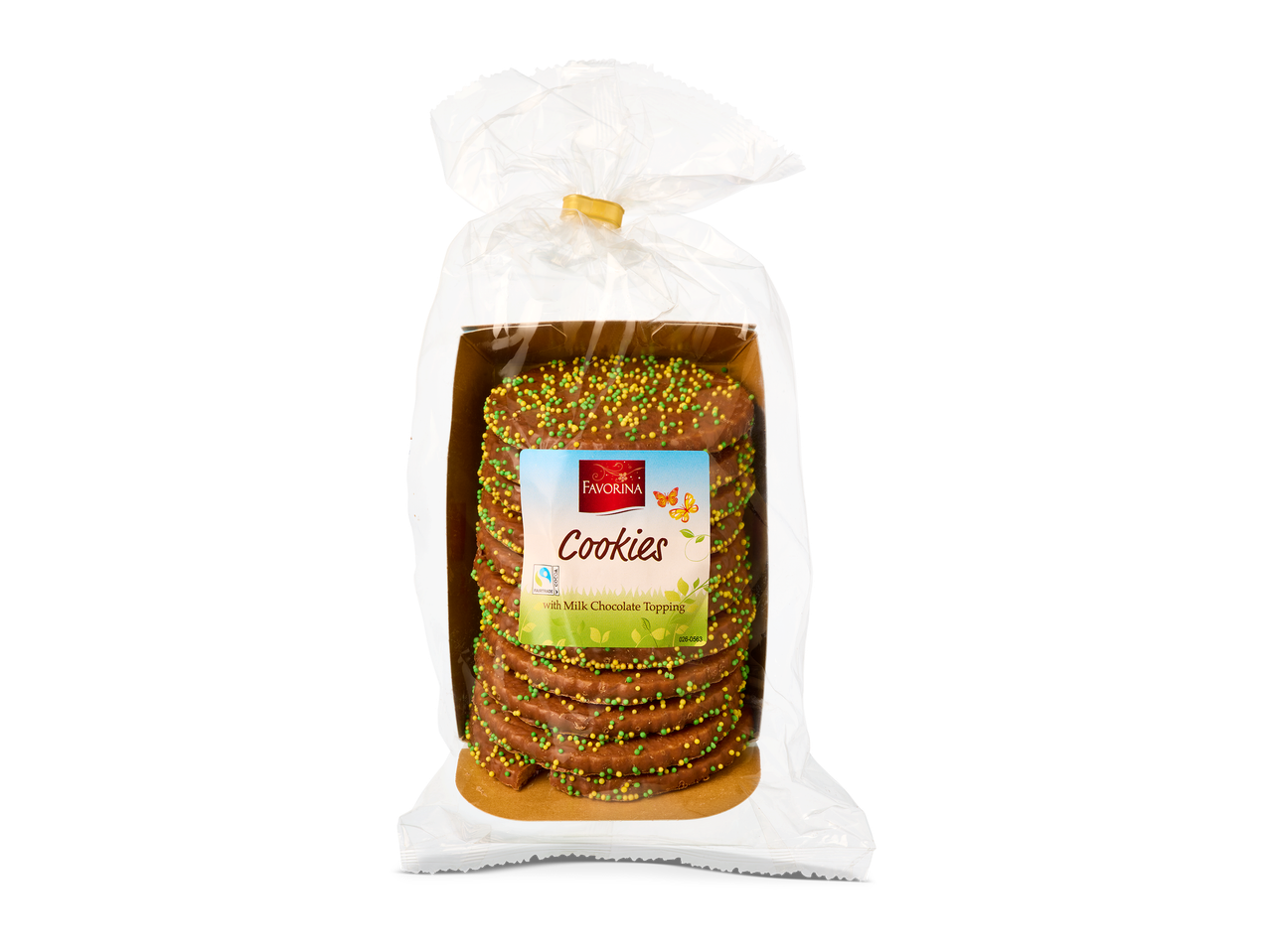 Een zak met chocoladekoekjes met gekleurde hagelslag, met een label waarop 'Cookies' staat.