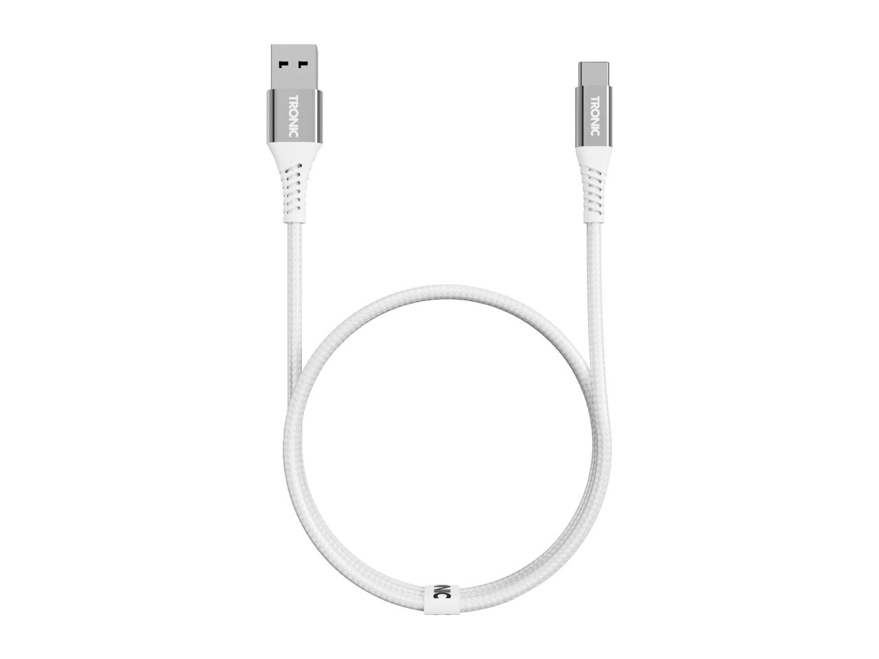 White braided USB-A to USB-C charging cable with silver connectors.