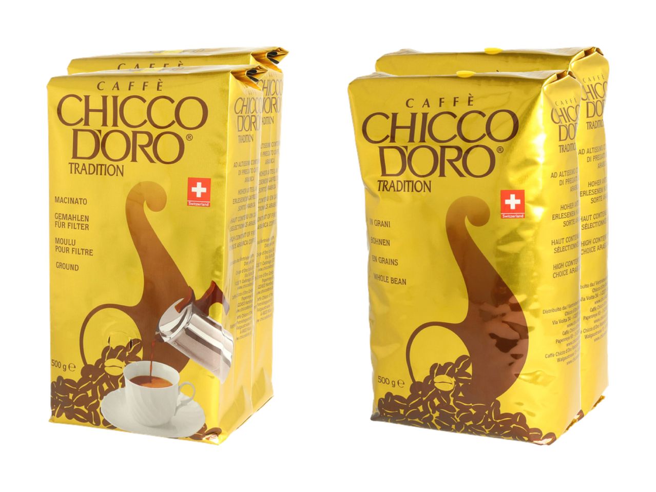 Drei Packungen Chicco d'Oro Tradition Kaffee: zwei gemahlen und eine ganze Bohne.