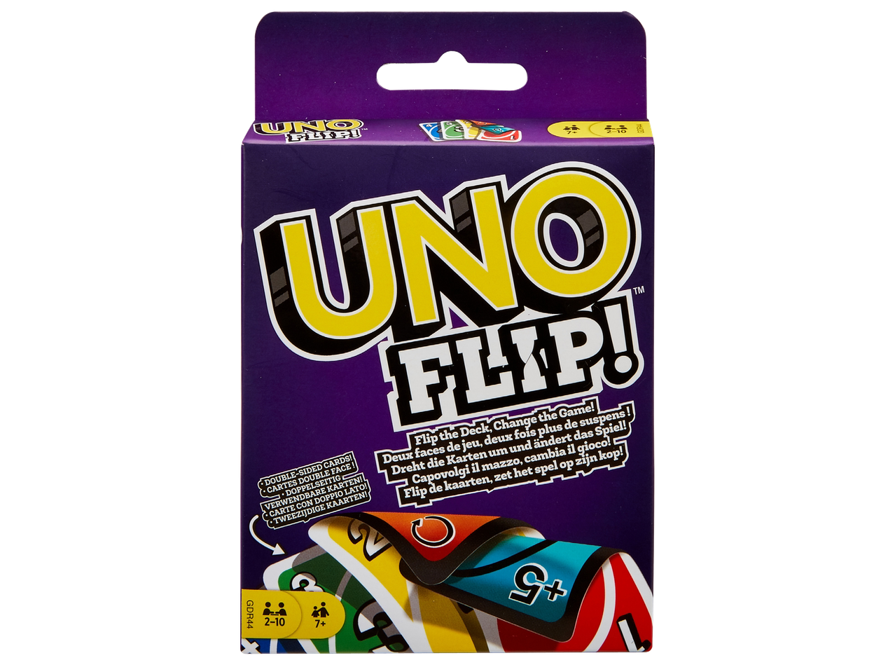 Лилава кутия с игра на карти, която се обръща, с надпис „Flip the Deck, Change the Game!“