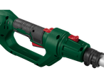 Close-up of a green Bosch cordless grass trimmer handle showing its controls.