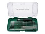Precision screwdriver set with various bits and tools in a green and clear plastic case.