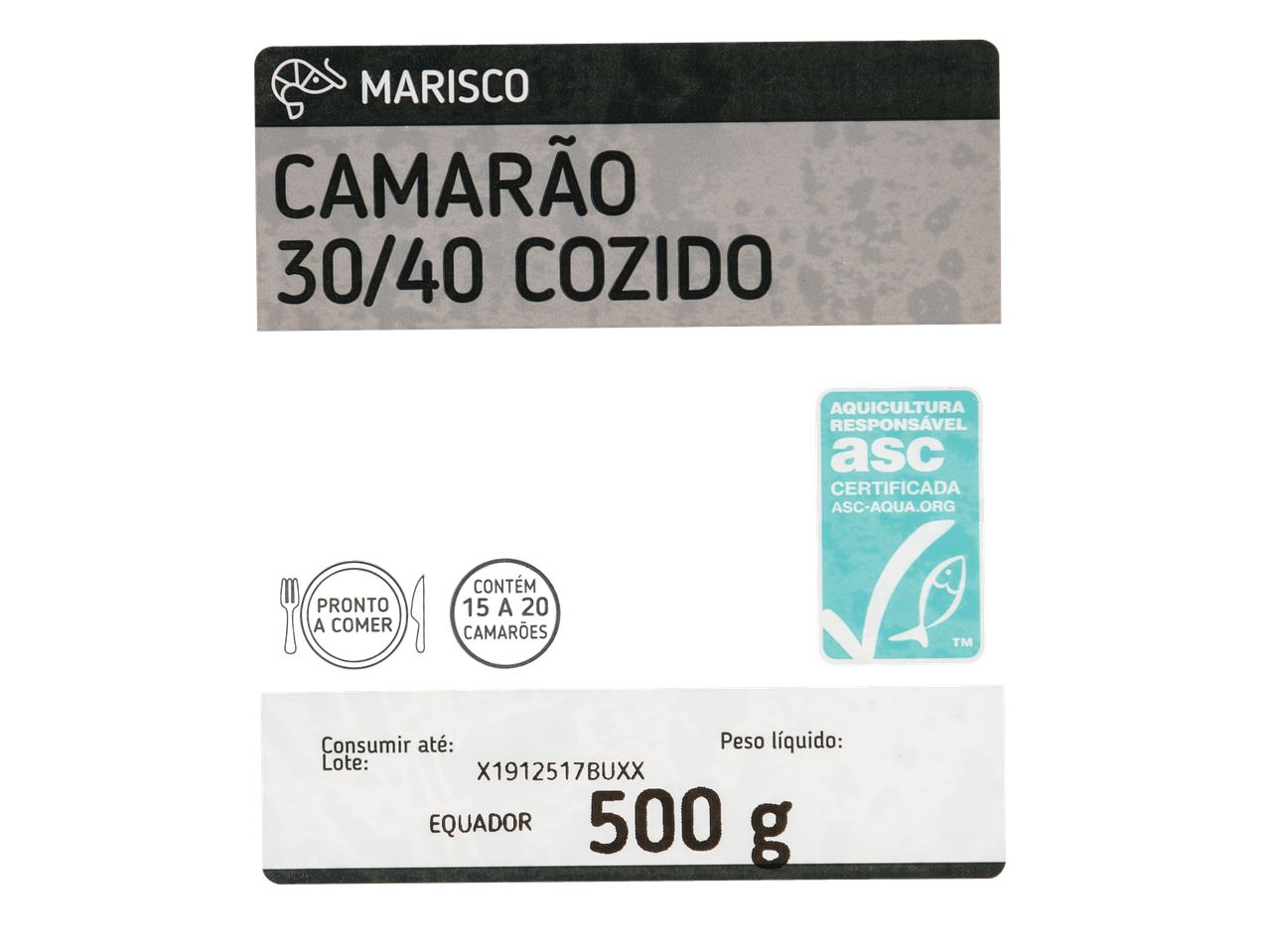 Embalagem de Camarão Cozido ASC 30/40 com detalhes do produto e certificações.