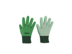 Um par de luvas de jardinagem verdes, uma com a parte de trás lisa, a outra com a palma pontilhada.