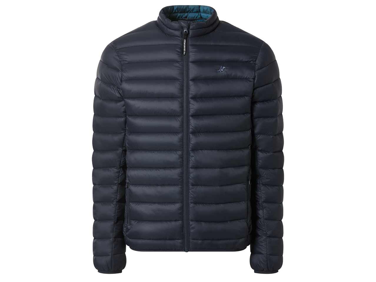 Тъмносиньо мъжко подплатено яке с цип и бродирано лого на гърдите.