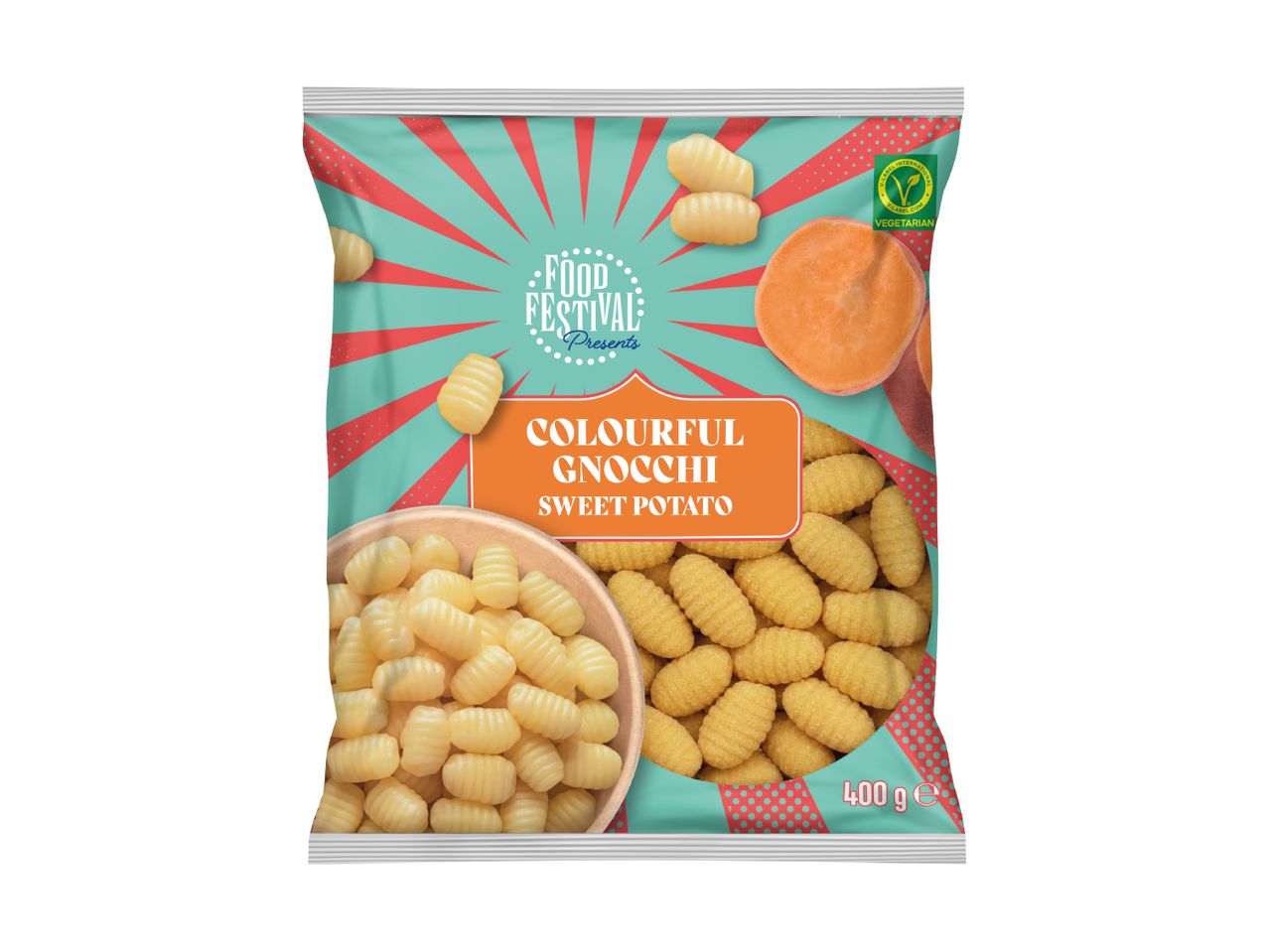 Packaging for colourful sweet potato gnocchi, with a vegetarian label and 400g weight.