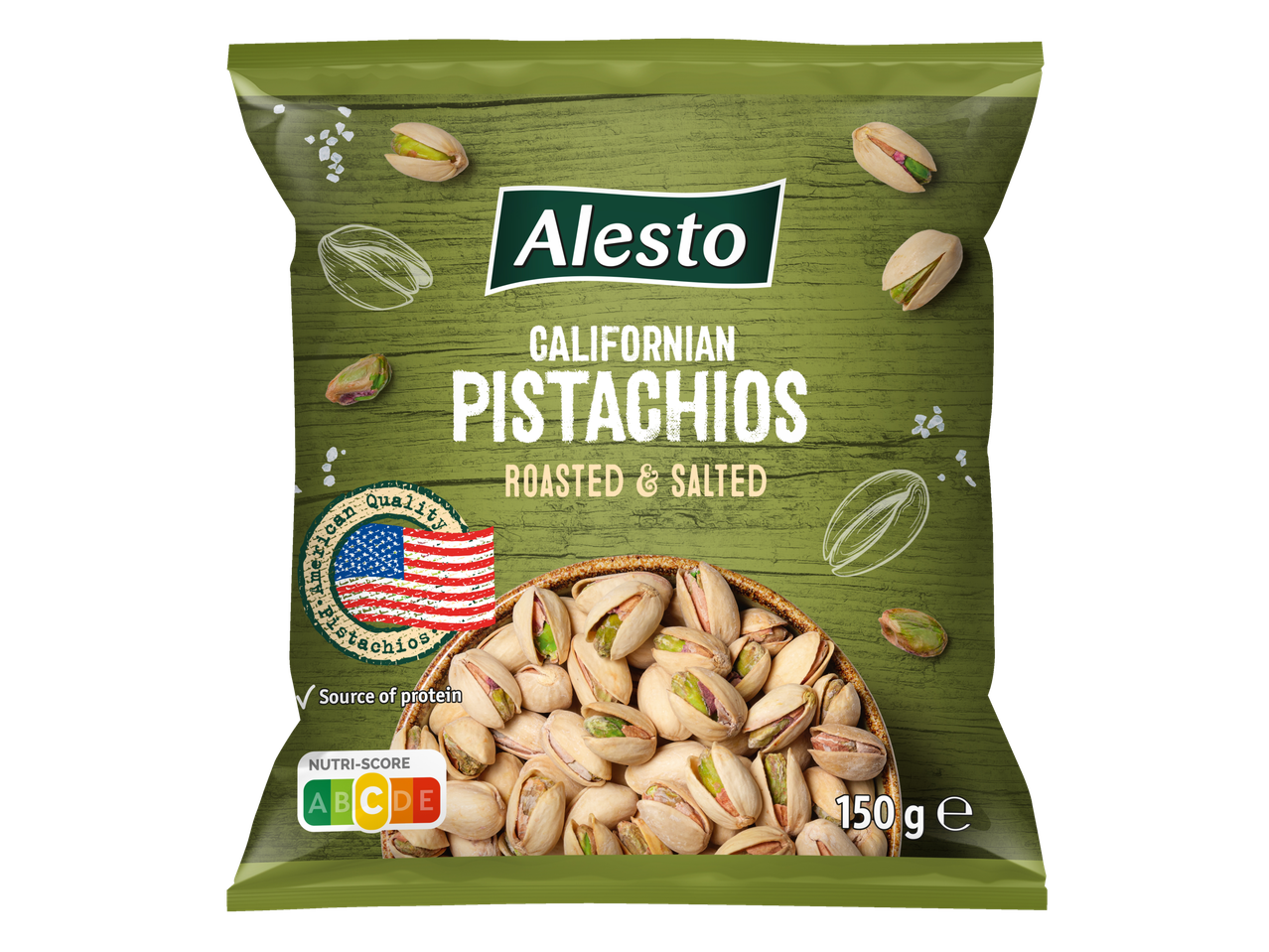 Alesto Kalifornijos pistacijos, skrudintos ir sūdytos, pakuotėje su Nutri-Score C ženklu.