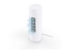 A white handheld hairbrush with a small digital display.