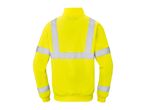 Back view of a bright yellow high-visibility sweatshirt with reflective stripes