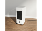 White mobile air cooler on a wooden floor.