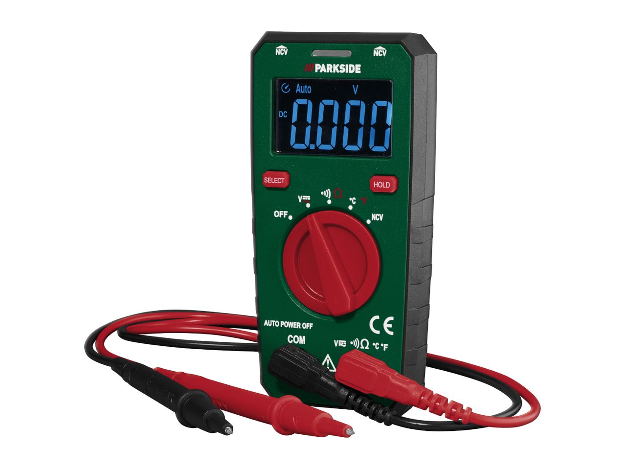 Digital multimeter with red and black test leads, displaying 0.000 V.