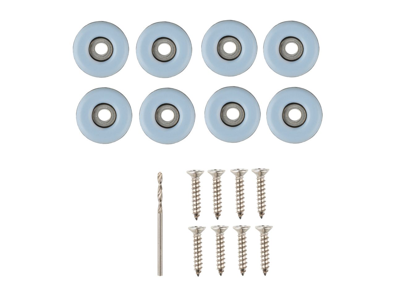 Eight grey furniture glides and mounting screws.