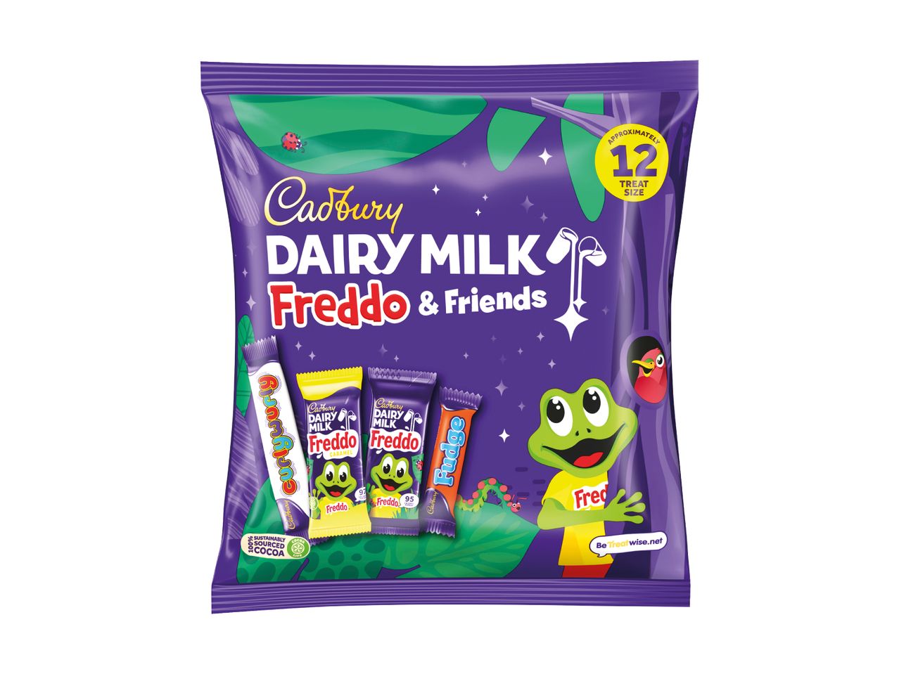 Cadbury Dairy Milk Freddo & Friends treat bag with various chocolate bars.