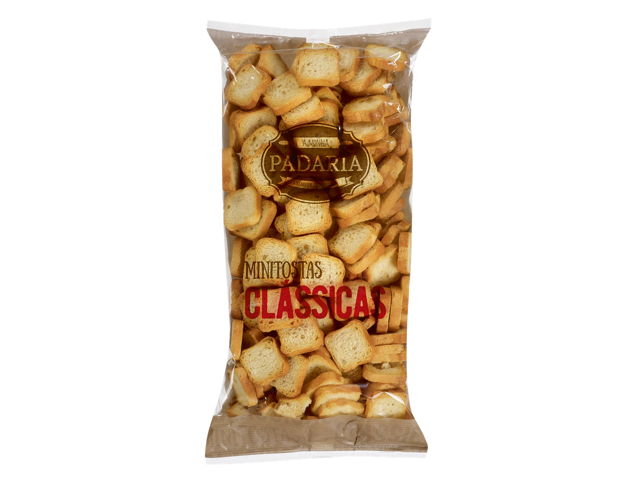 Mini-biscottes A Minha Padaria, saveur classique, dans un sac en plastique transparent.