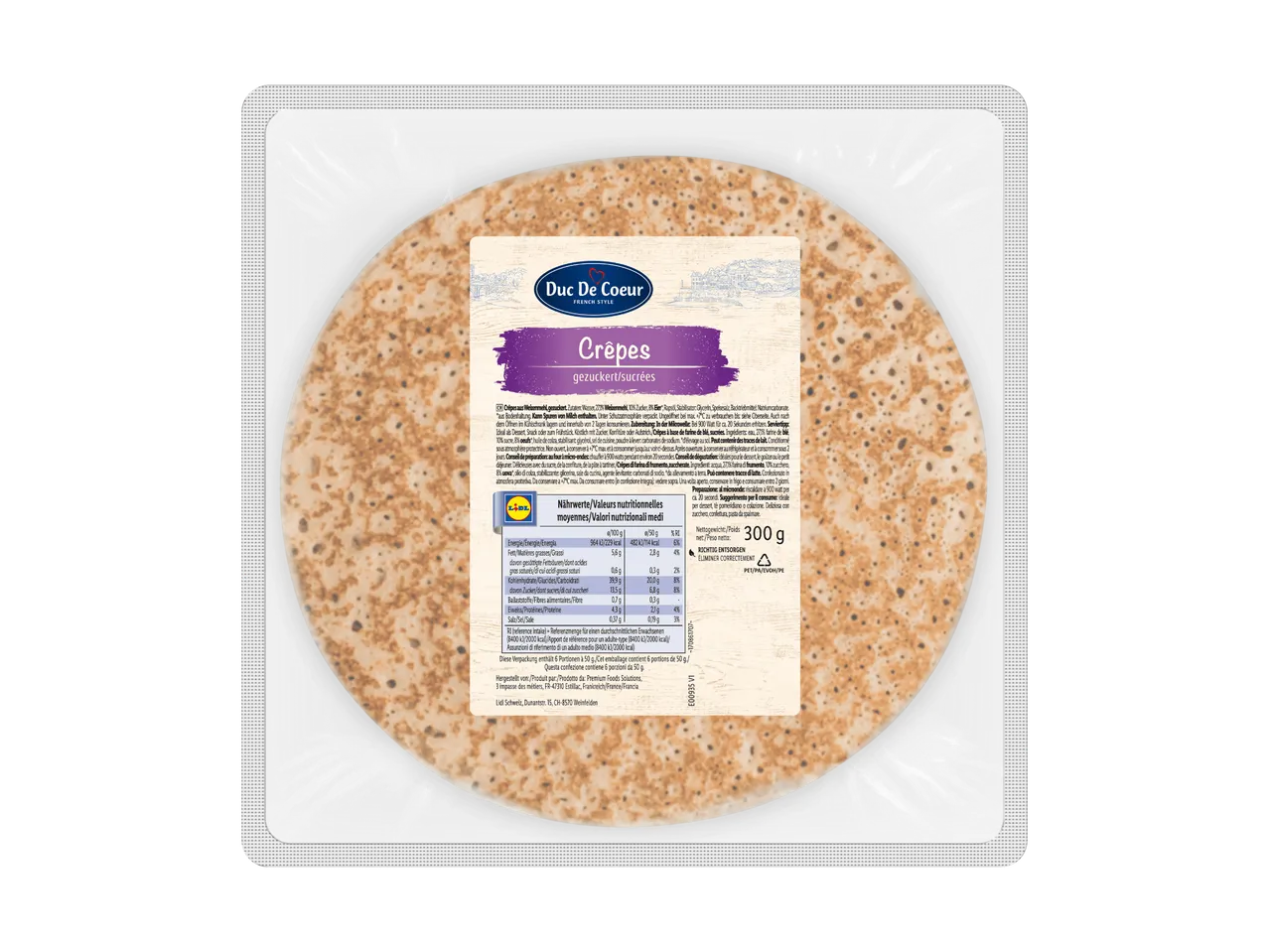 Confezione di crêpes dolci Duc De Coeur, con etichetta nutrizionale e informazioni sul prodotto.