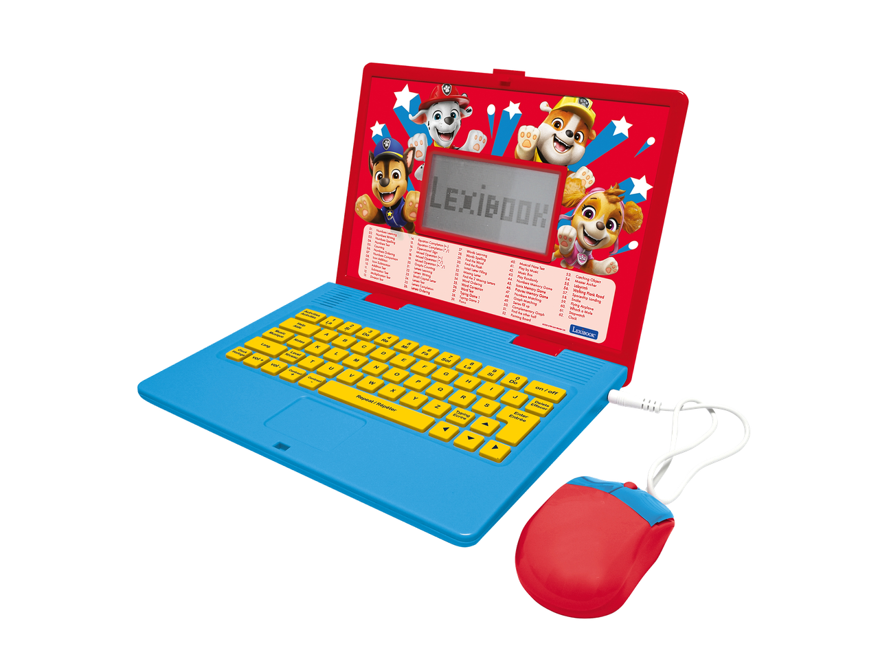 Ordinateur portable éducatif pour enfants avec clavier jaune et souris rouge, sur fond noir.