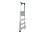 Aluminum stepladder with three steps and a green top handle.