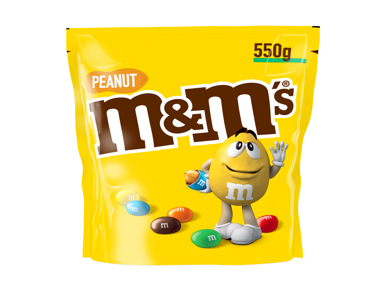 Chocolat M&M's Cacahuète dans un sachet jaune de 550g avec le personnage M&M's jaune.