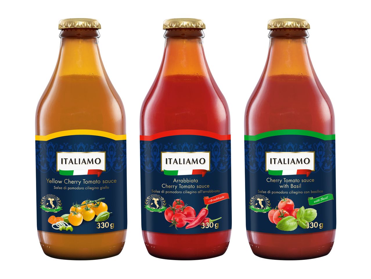 Trei sticle de suc De Cecco cu arome diferite: mango, rodie și fructe de pădure.