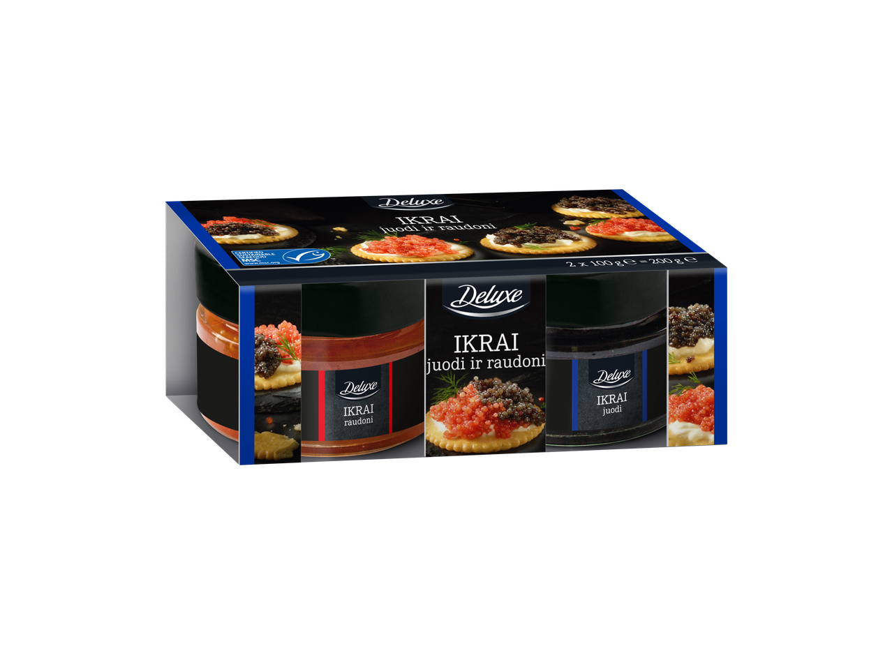 Deluxe juodųjų ir raudonųjų ikrų rinkinys su krekeriais, 2x100g.