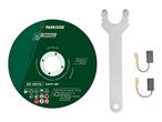 A cutting disc, a wrench, and two carbon brushes for power tools.