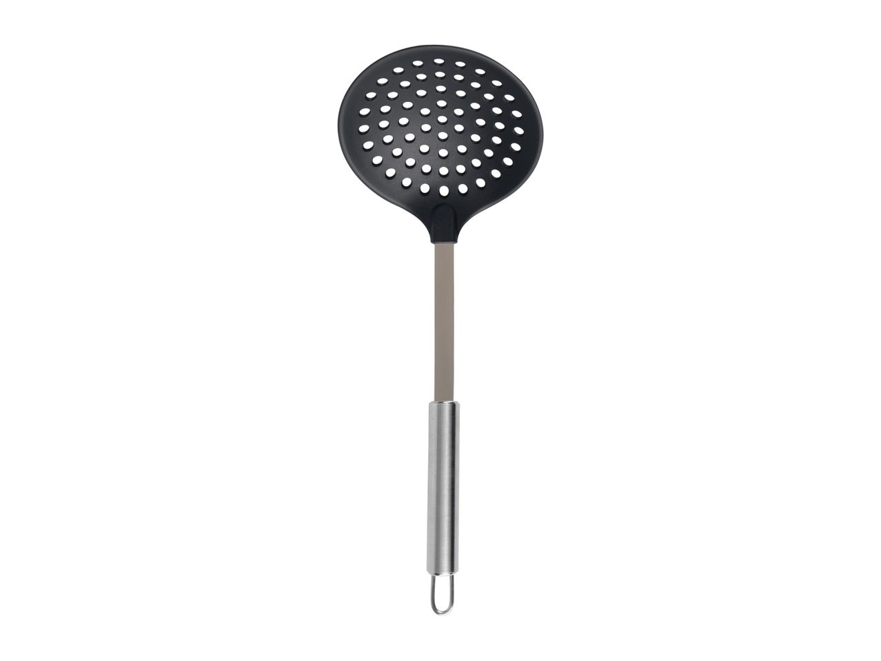 A black slotted spoon with a stainless steel handle.