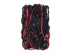A tangled mass of black and red bungee cords.