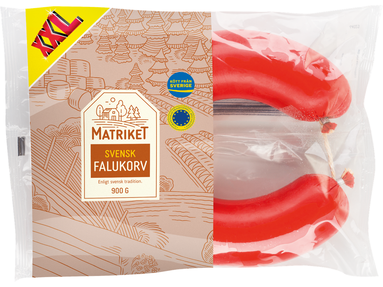 Förpackning med Matriket Svensk Falukorv, 900 g, med XXL-märkning och ursprungsmärkning.