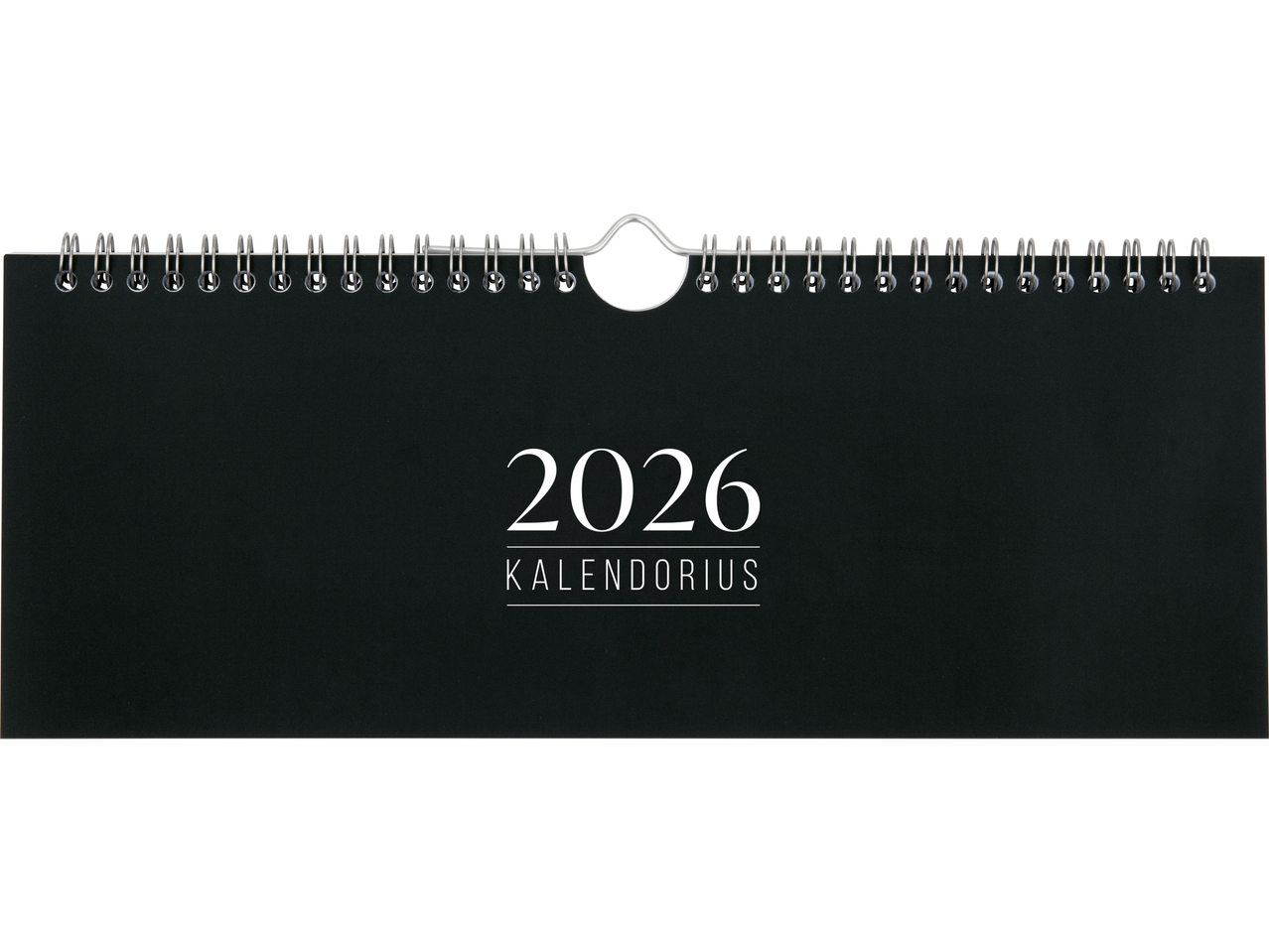 Juodas 2026 metų sieninis kalendorius su spirale ir užrašu „KALENDORIUS“.