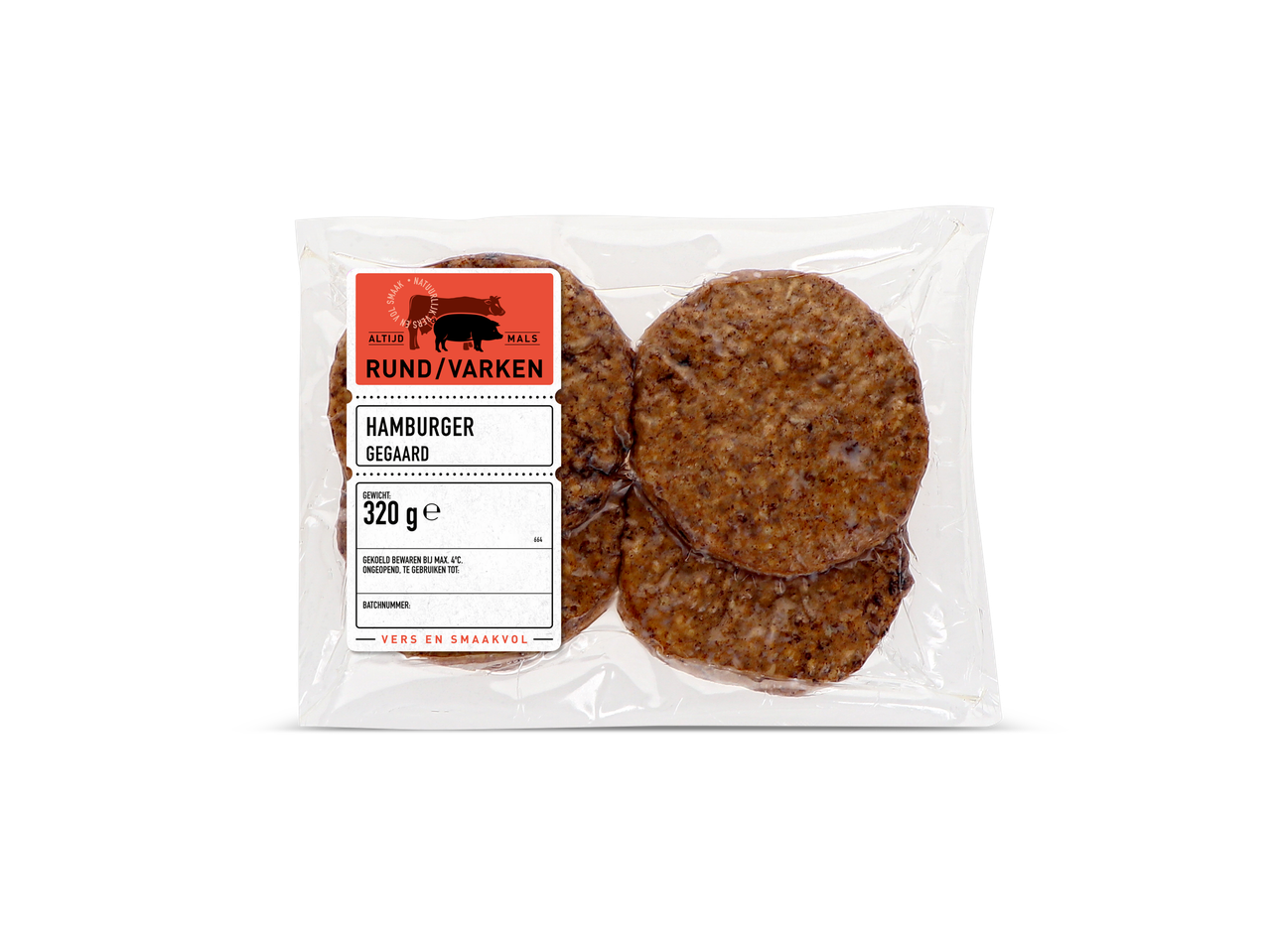 Verpakte rundvlees- en varkenshamburgers.