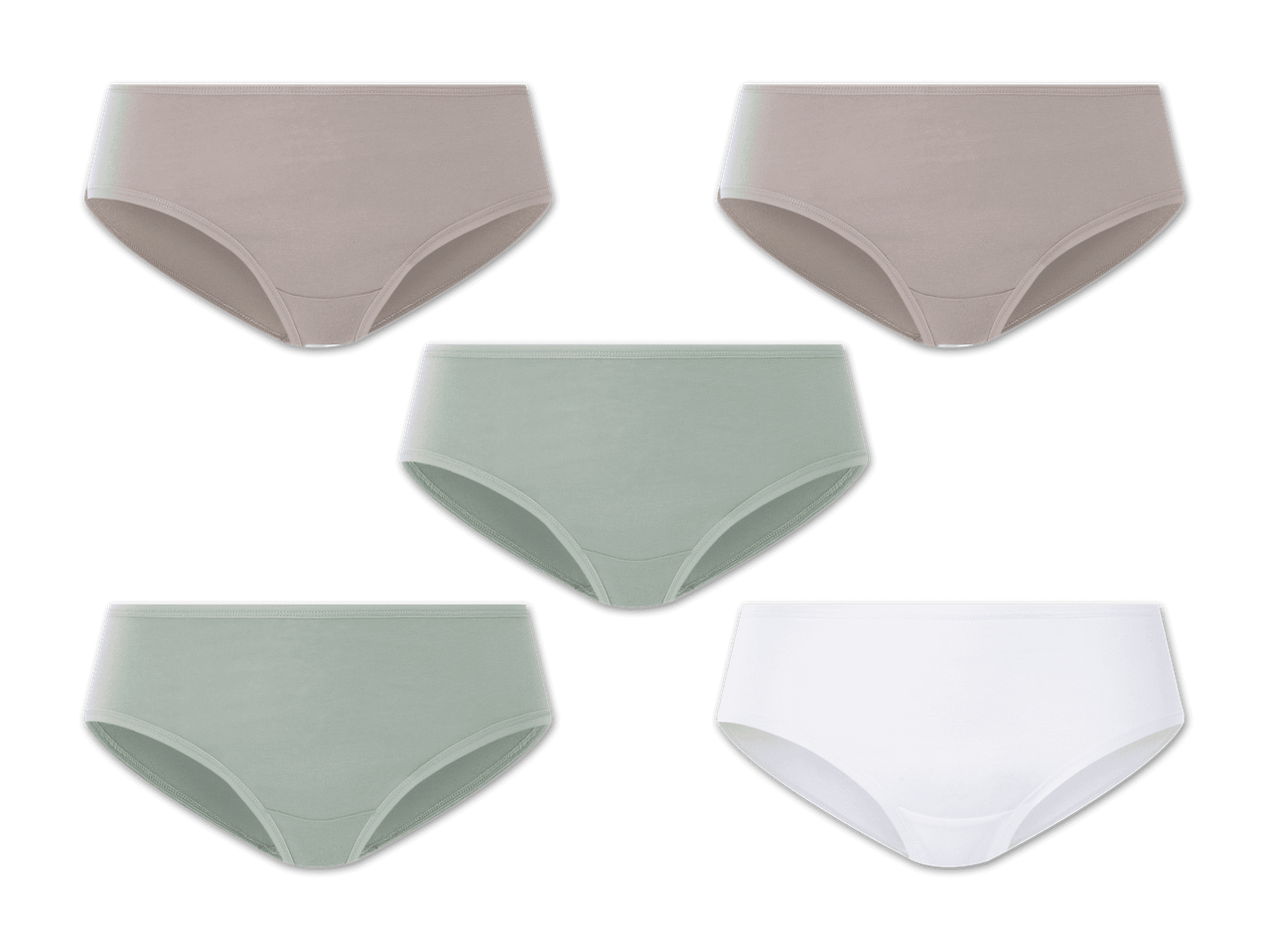 Fünf Damen-Unterhosen in verschiedenen Farben.