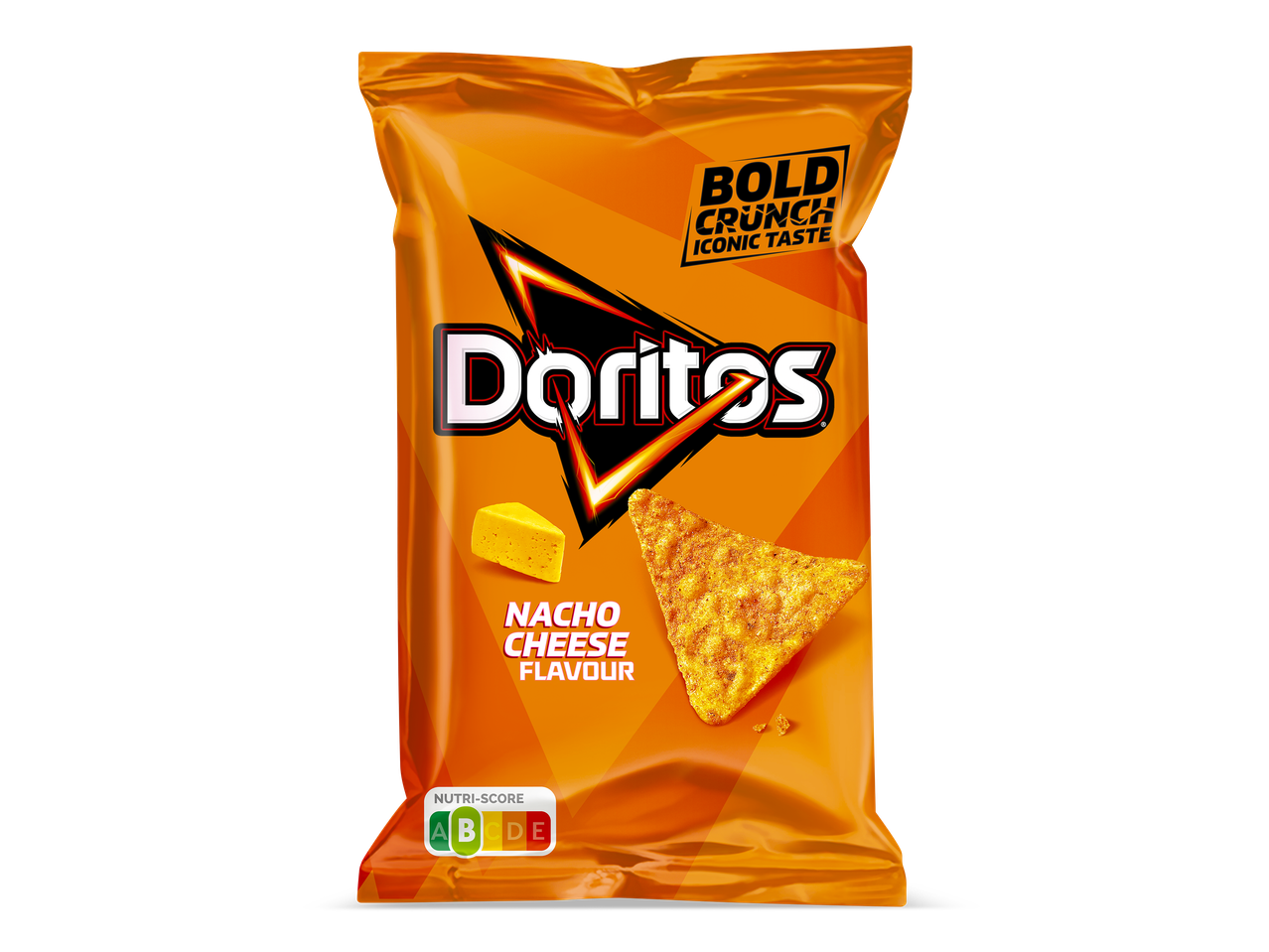 Een oranje zak tortillachips met nachokaassmaak.