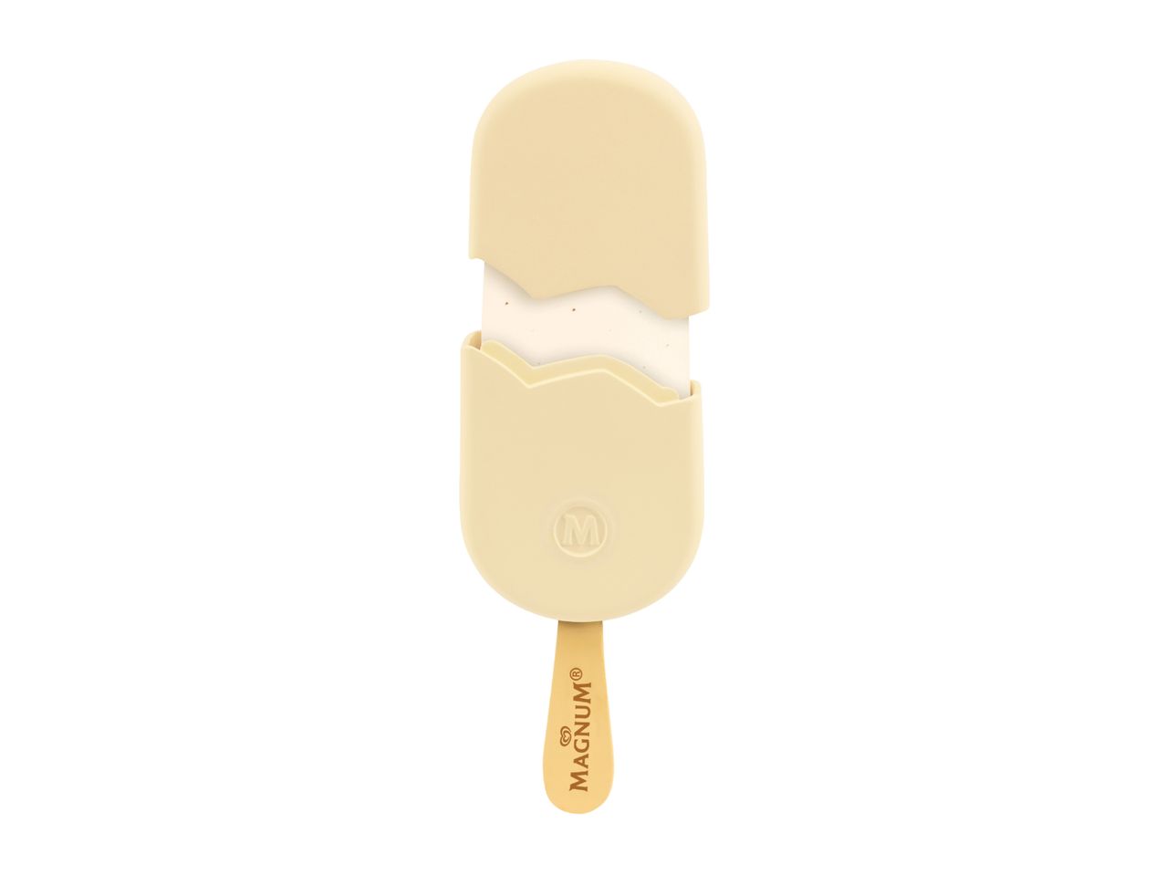 White chocolate ice cream bar, cracked to reveal the vanilla ice cream inside.
