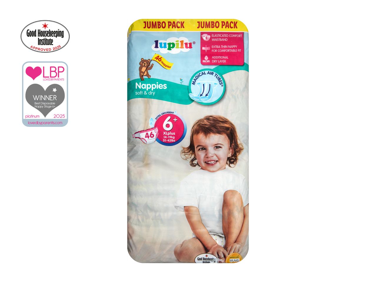 A package of Baby-Dry size 6 diapers featuring a toddler on the front.