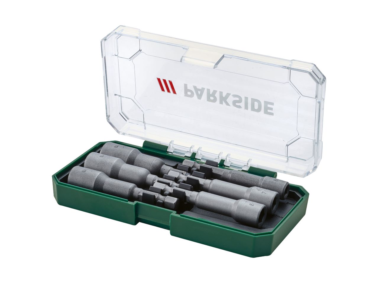 Parkside bit sockets set in a green and clear plastic case.