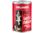 Pâtée pour chien Orlando au bœuf et poulet dans une boîte rouge