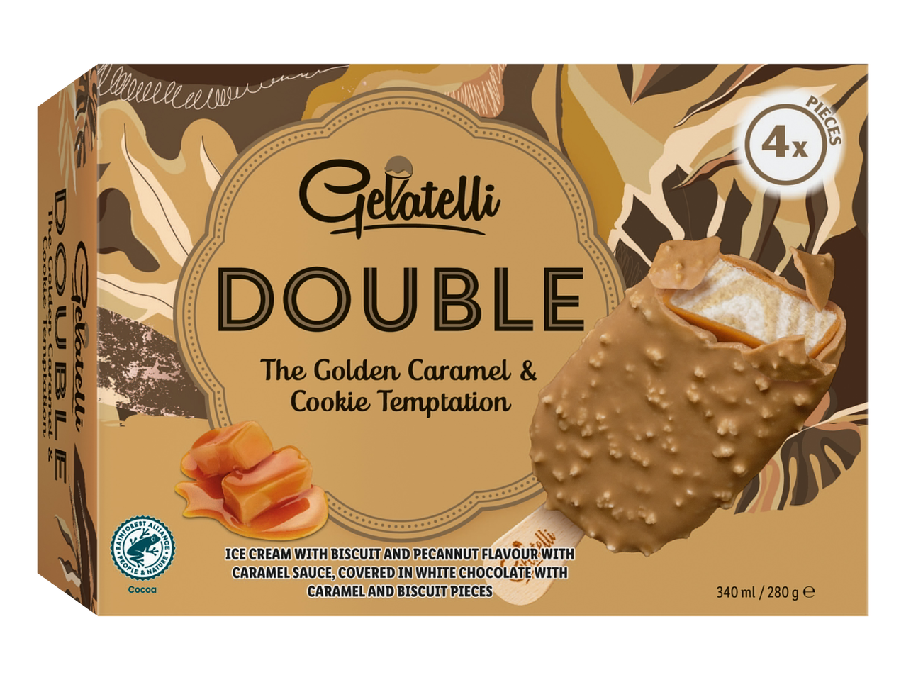 Gelatelli Double: 4 karamel en koekjes ijsjes.