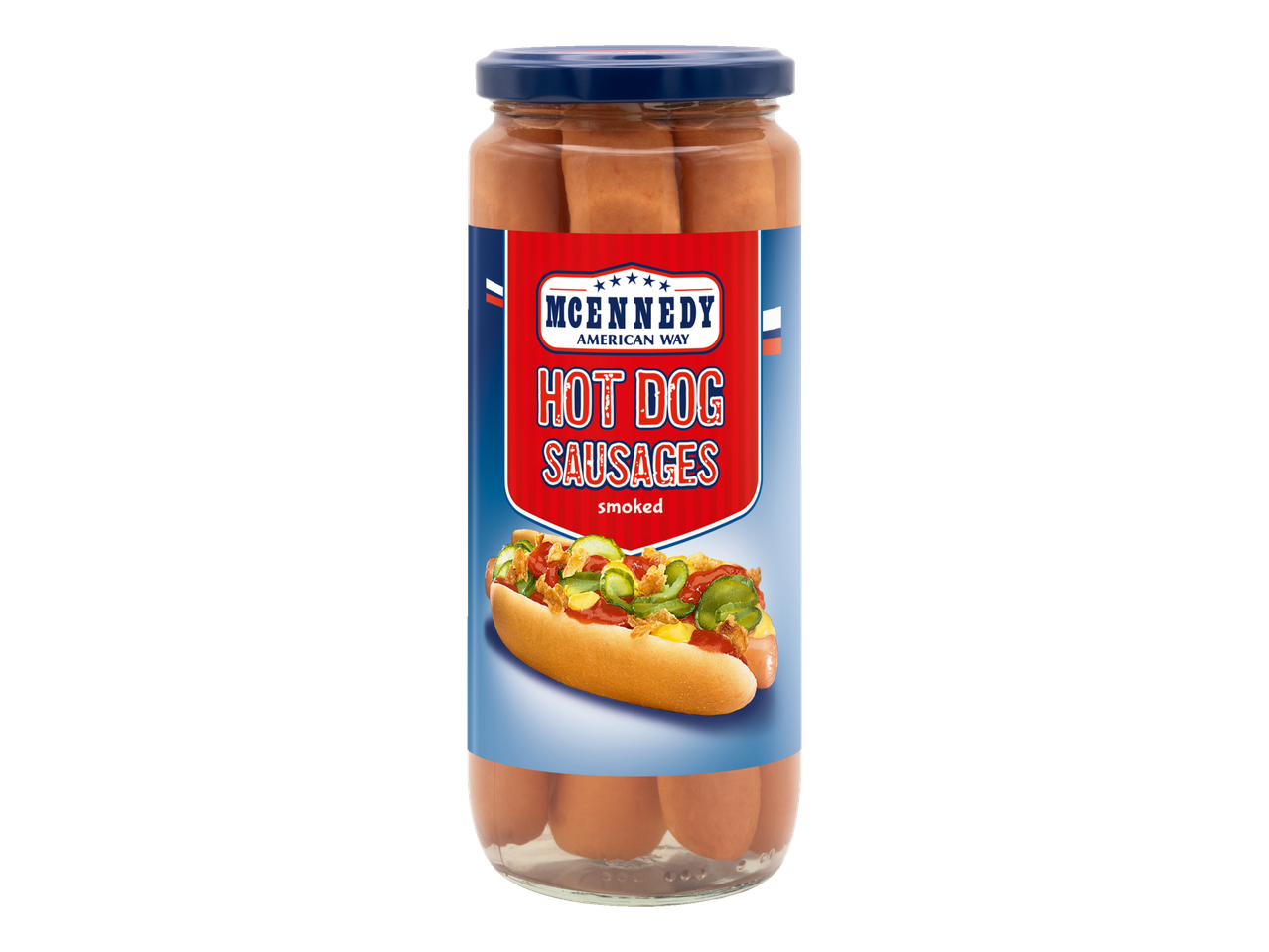 McEnnedy Hot Dog Sausages, smoked, in a glass jar with a hot dog graphic.