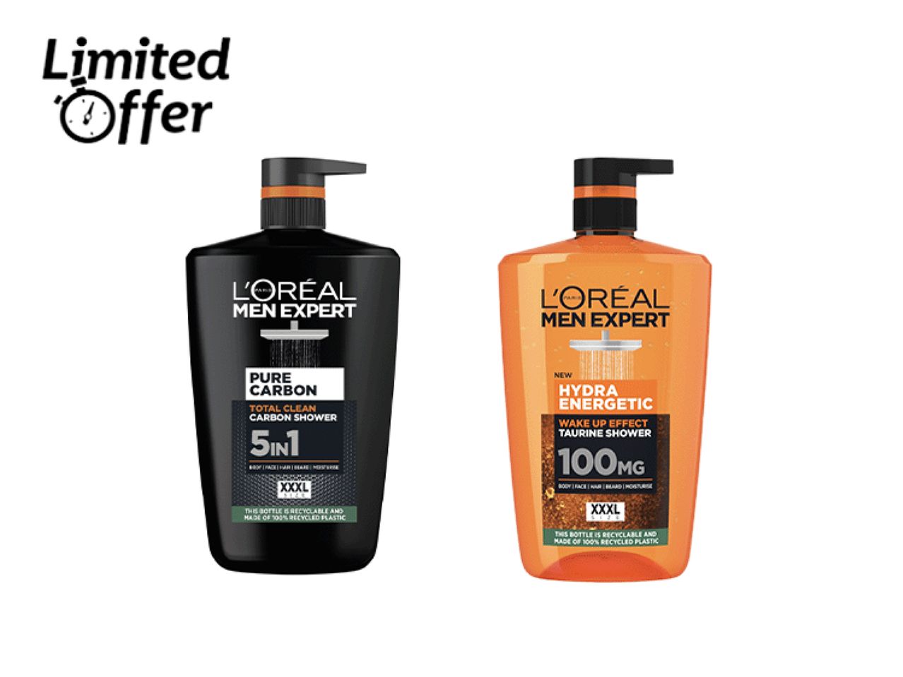 Two L'Oréal Men Expert shower gels, Pure Carbon and Hydra Energetic, with a 'Limited Offer' tag.